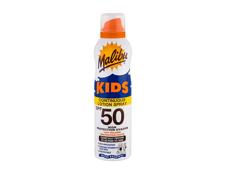 Soin solaire corps Malibu Kids Continuous Lotion Spray SPF50 175 ml flacon endommagé